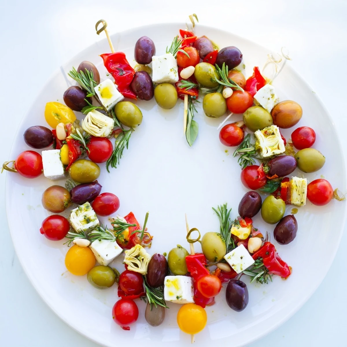 Close-up of the Olive and Cherry Tomato Garland Board, showcasing olives, cheeses, and herbs, perfect for sharing.