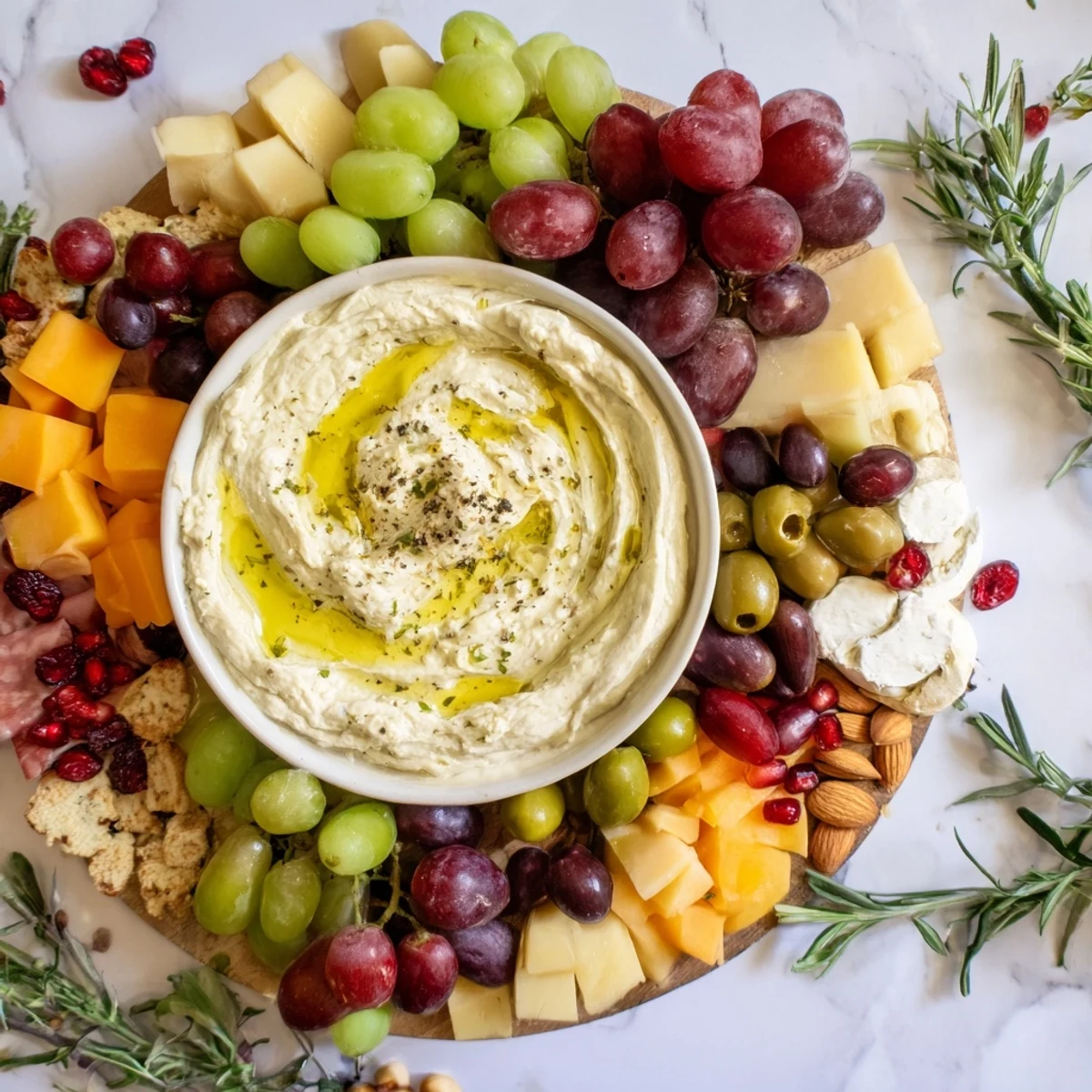 The Evergreen Wreath Board sparkling, featuring colorful cheeses, meats, fruits, and a creamy feta dip center.