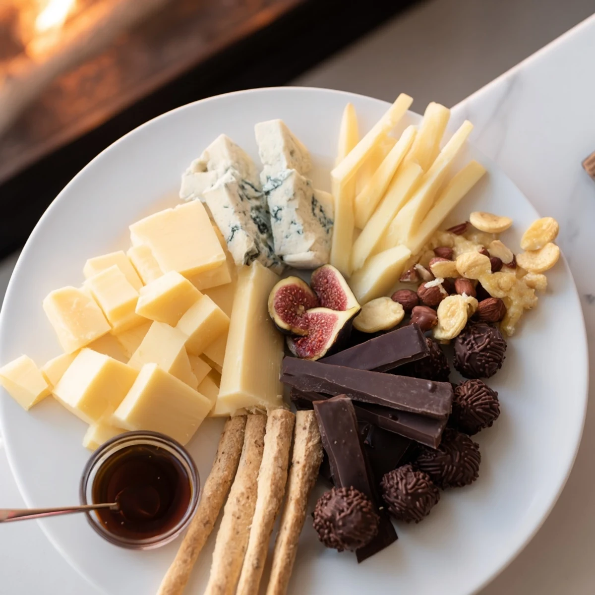 The rich, dark chocolate in Fireside Comfort & Cocoa contrasts beautifully with the aged cheddar and gouda.
