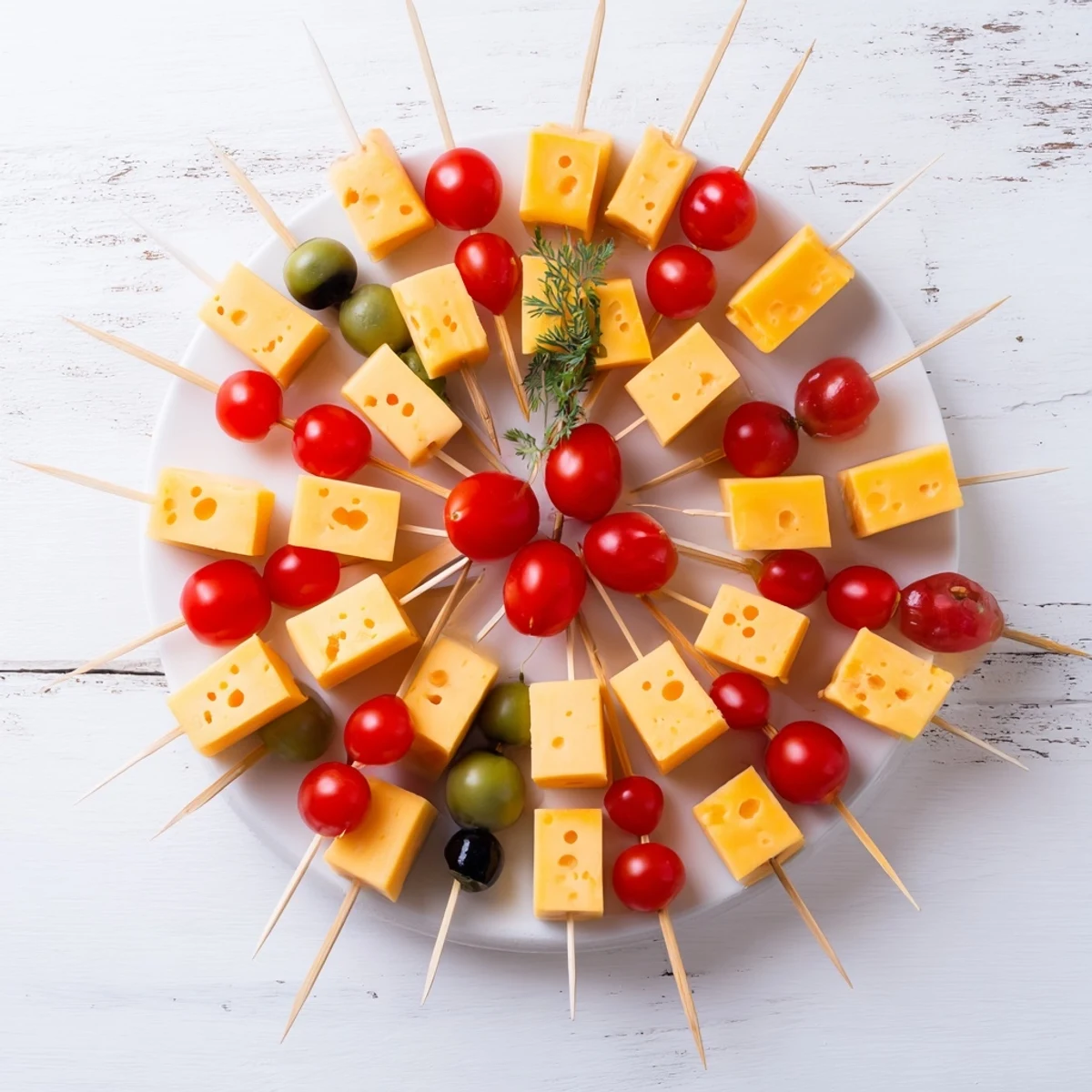 New Year's Clock Countdown appetizer platter with cheese cubes and olives, perfect for a midnight snack.