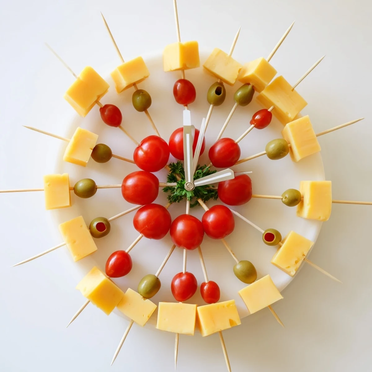 Festive New Year's Clock Countdown featuring round crackers, cheeses, and olives; ready to serve for the holiday.