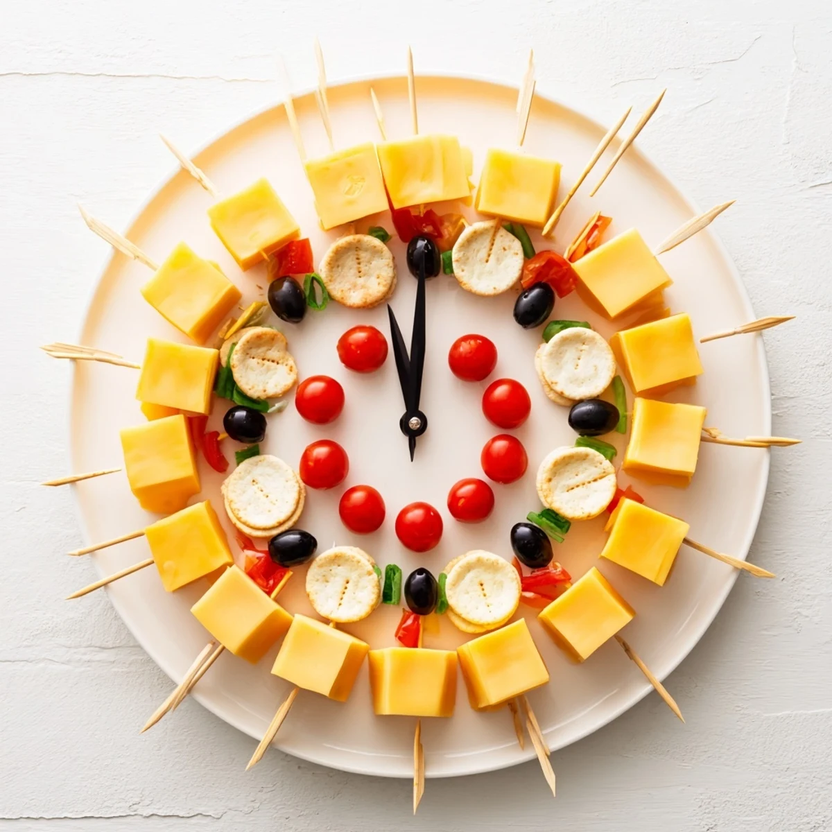 Delicious New Year's Clock Countdown: a party-ready platter with cheese, olives, and crackers, counting down the New Year.