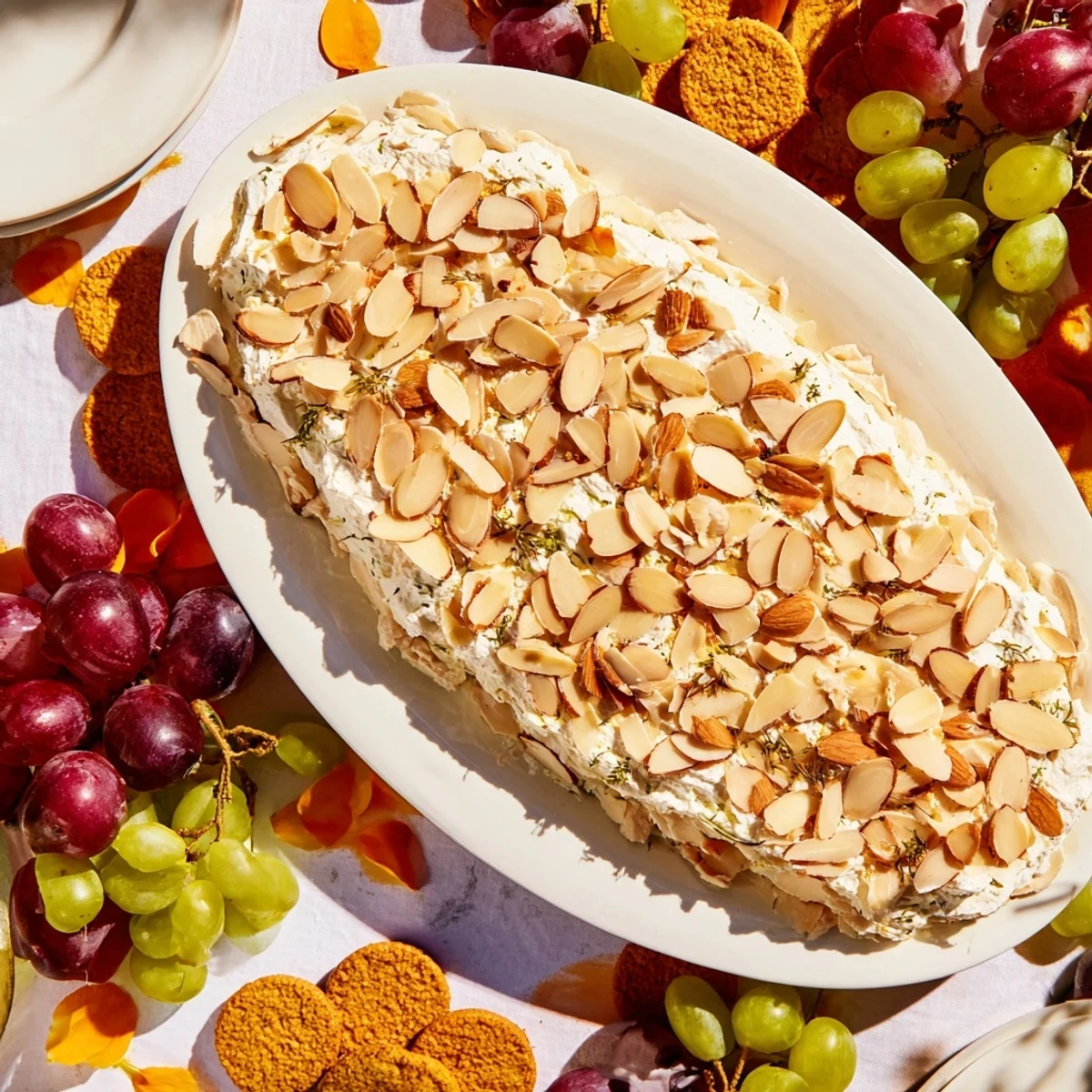 This beautiful snowy Snowy Pinecone Centerpiece boasts a creamy cheese base, ready to scoop with crackers.