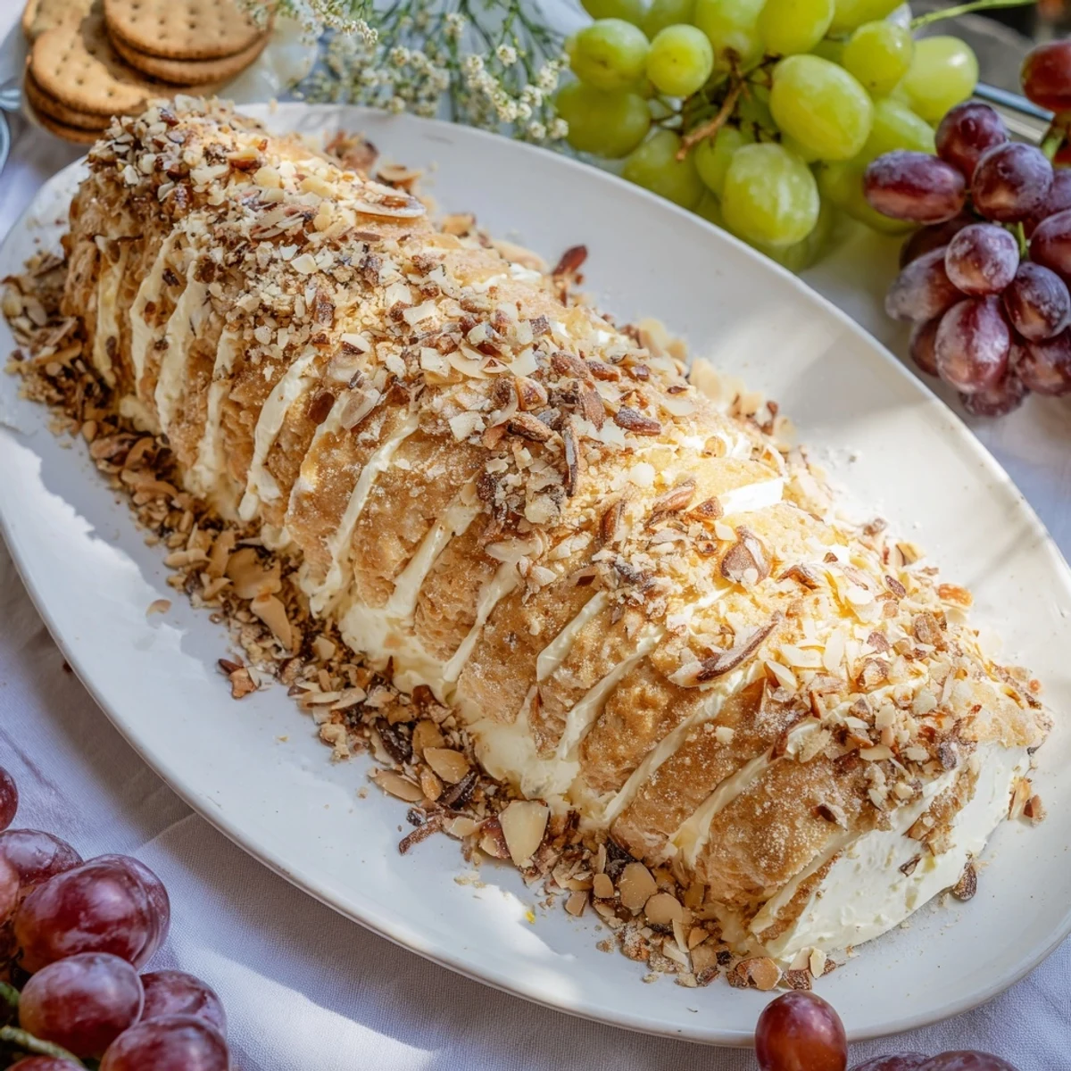 Snowy Pinecone Centerpiece, a festive edible appetizer topped with powdered sugar and flavorful almonds.