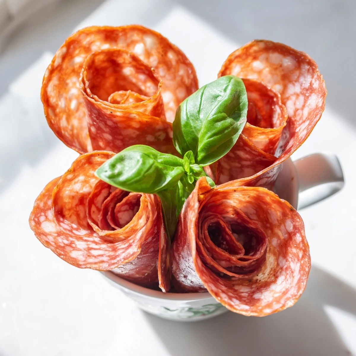 A beautiful Victorian Tea Rose appetizer: salami and pepperoni roses in quaint teacups, ready to serve.