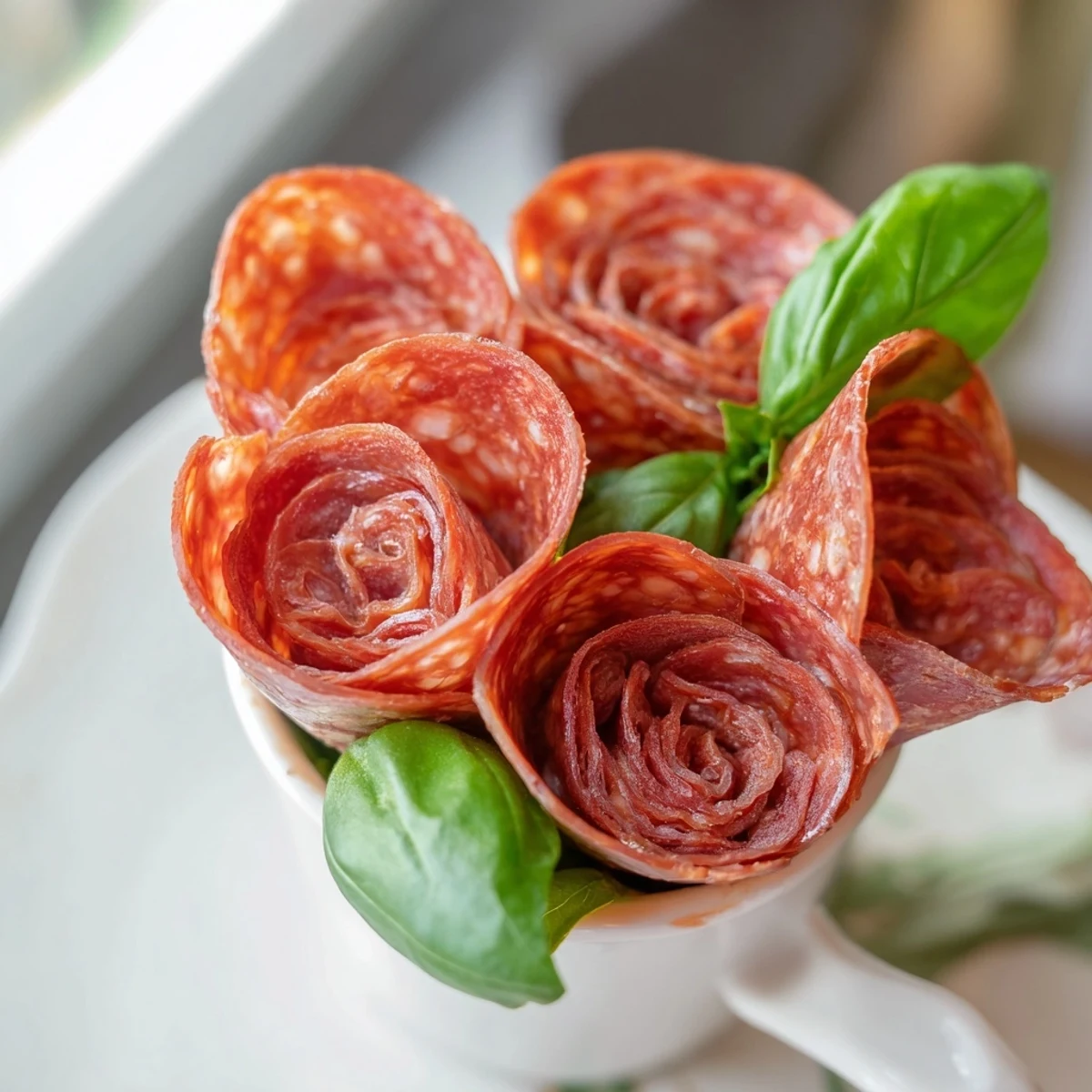 Imagine dainty Victorian Tea Rose appetizers: folded salami and pepperoni creating charming rose shapes, delicious.