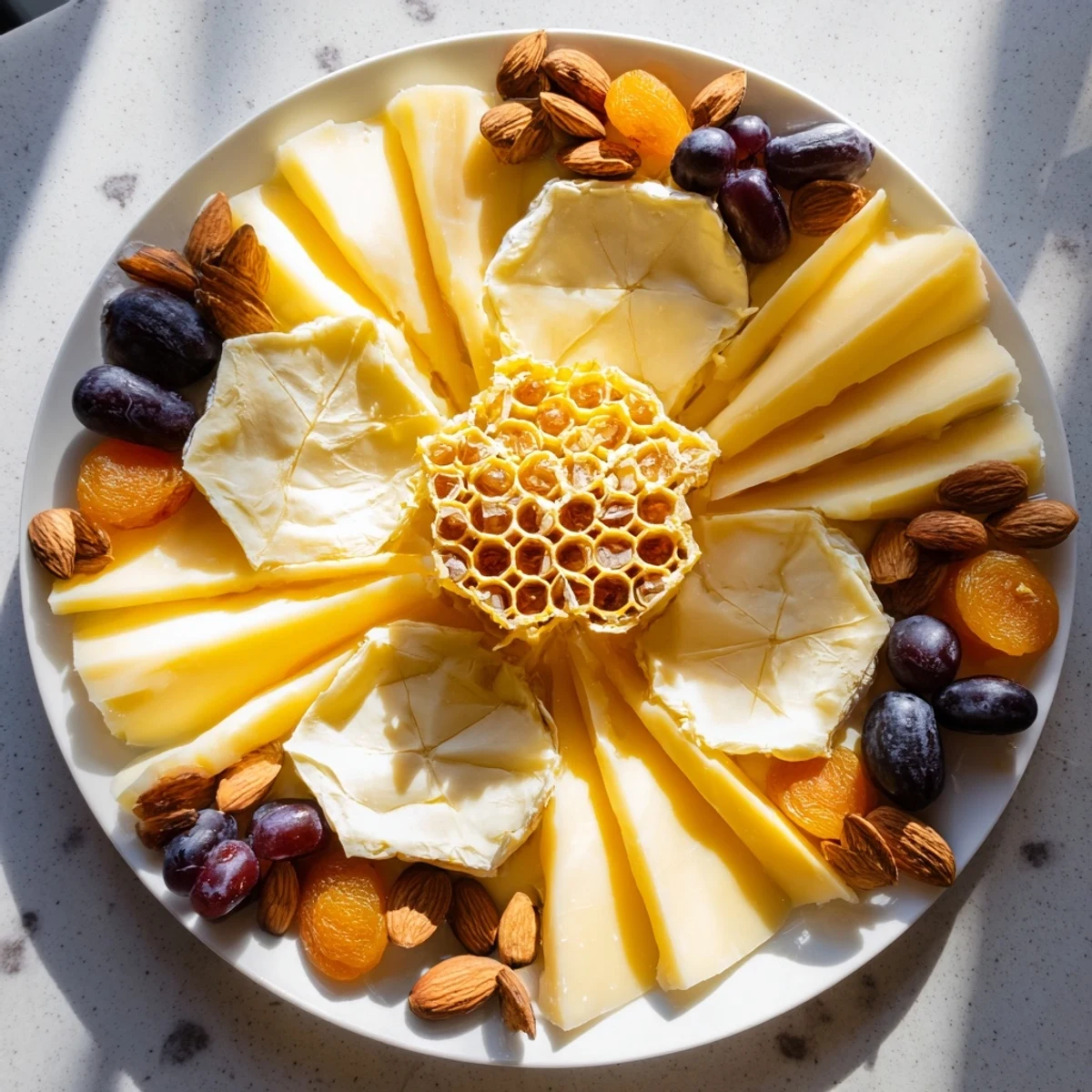 Golden honeycomb centerpiece of The Gilded Hive cheese and cracker board offers visual elegance.