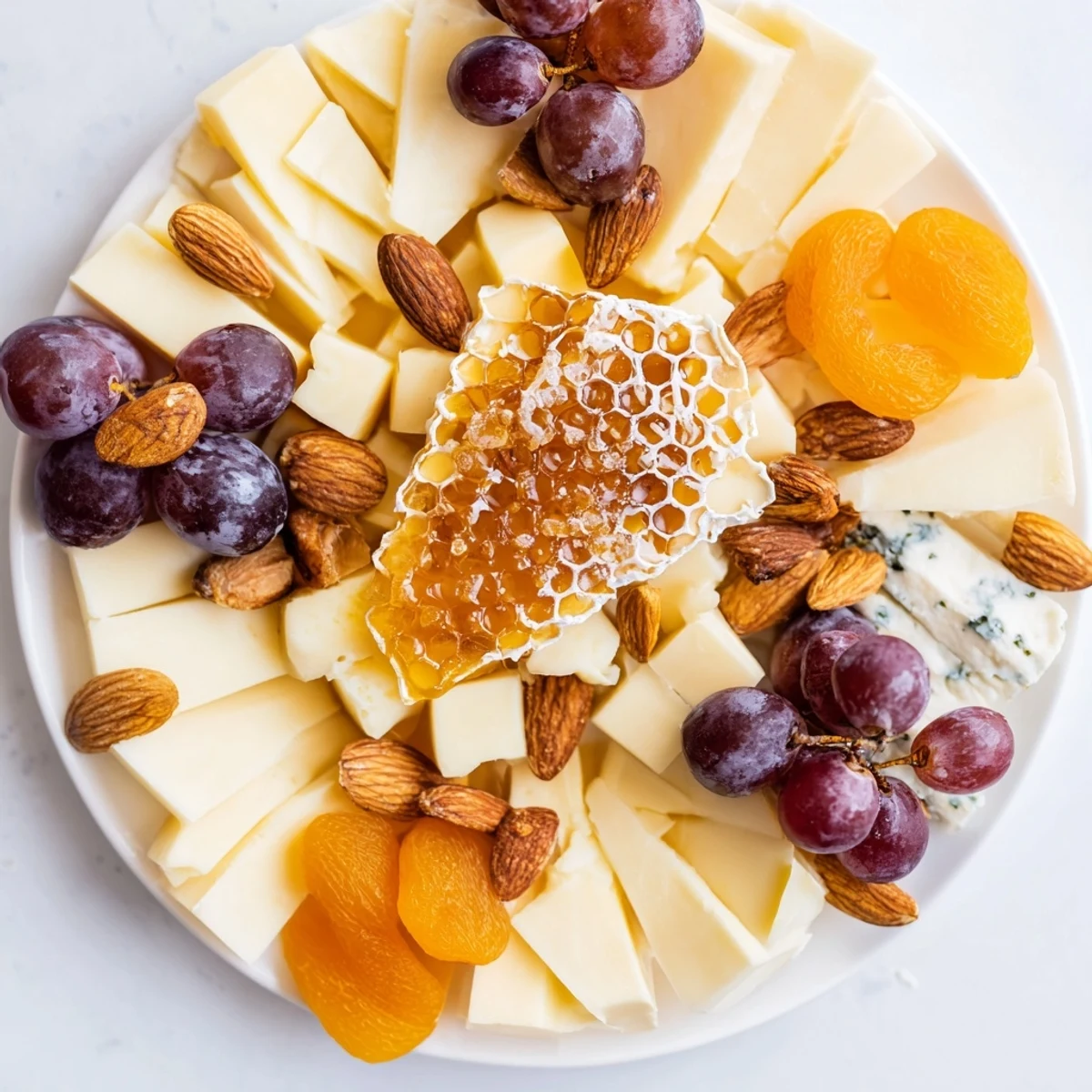 A beautiful, radiant presentation of The Gilded Hive, showcasing hexagon cut cheeses and crackers with honey.