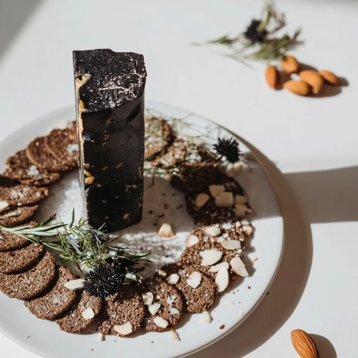 Dramatic photo of The Obsidian Peak cheese platter, a striking appetizer with black wax cheddar.