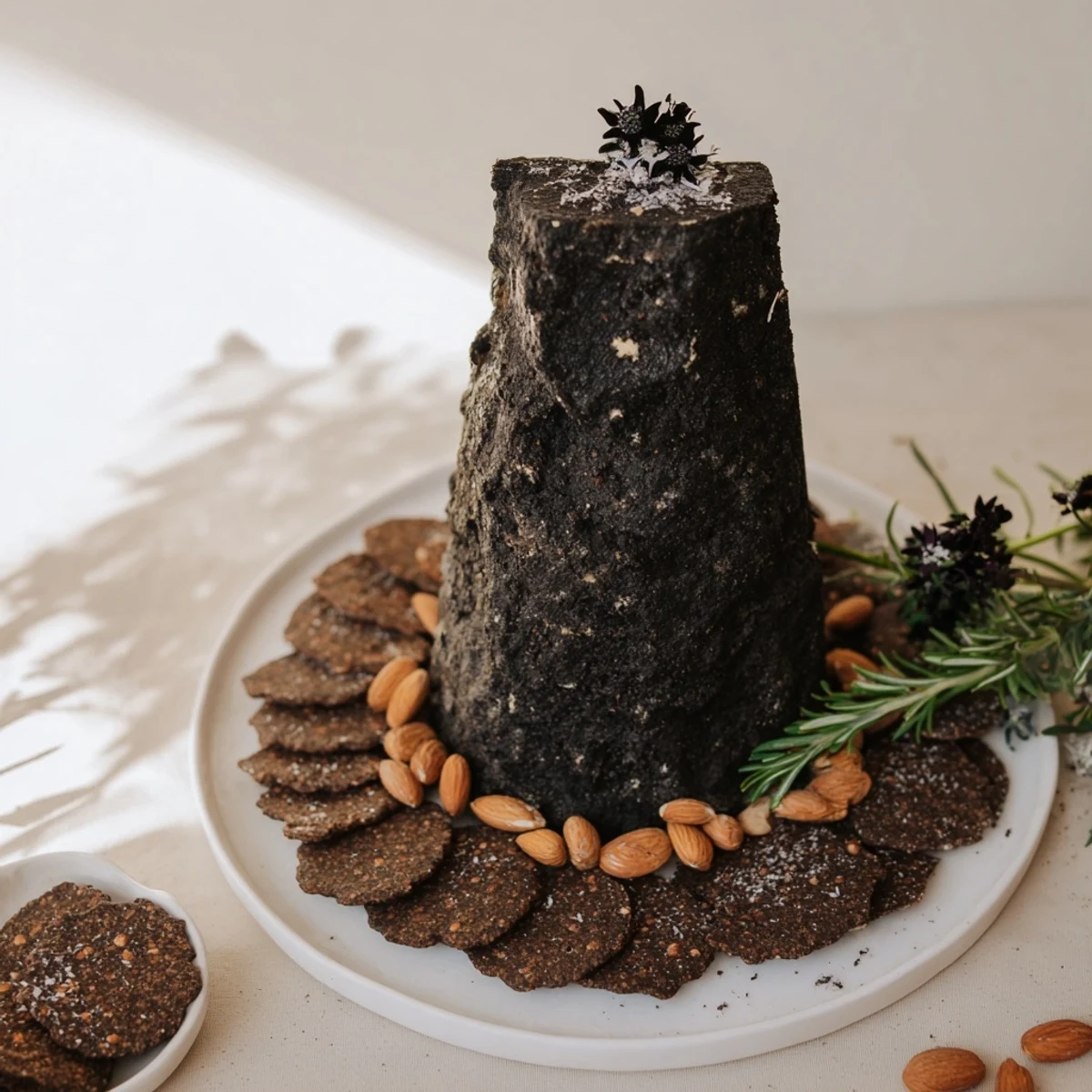 A close-up of The Obsidian Peak, showcasing a tower of black cheddar with charcoal dusted almonds.