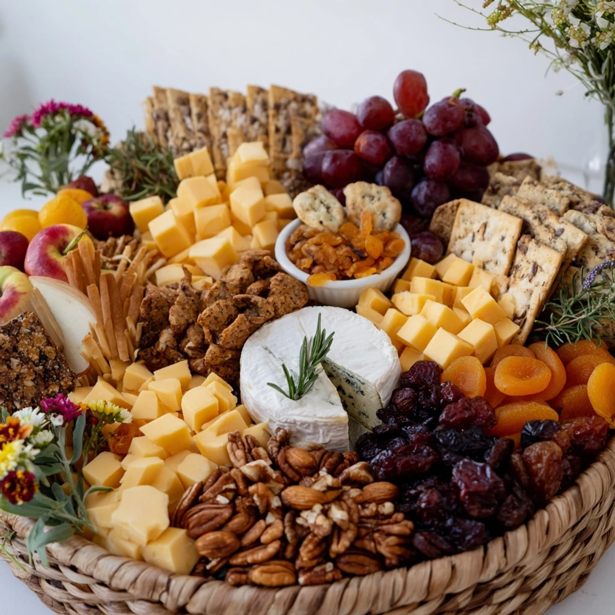 Autumn Harvest Horn of Plenty overflowing with colorful dried fruits, nuts, and cheeses for serving.
