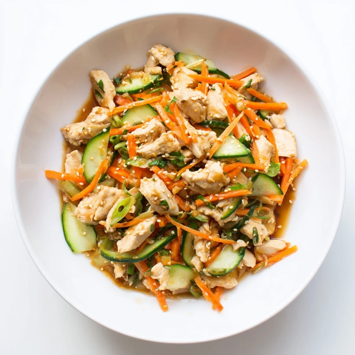 Close-up of the Deli Container Shaker Chicken Salad, featuring fresh cucumber and savory soy dressing.