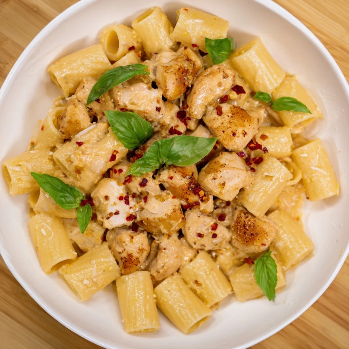 A vibrant photo of Spicy Vodka Chicken Pasta, creamy and topped with fresh basil and Parmesan.
