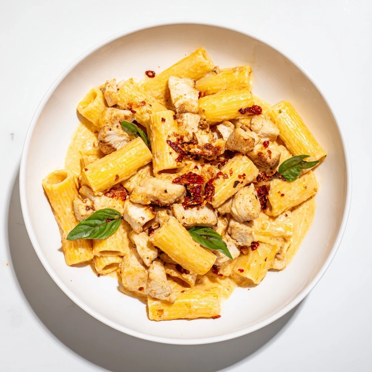 Close-up of Spicy Vodka Chicken Pasta; tender chicken, red sauce, and perfectly cooked rigatoni pasta.