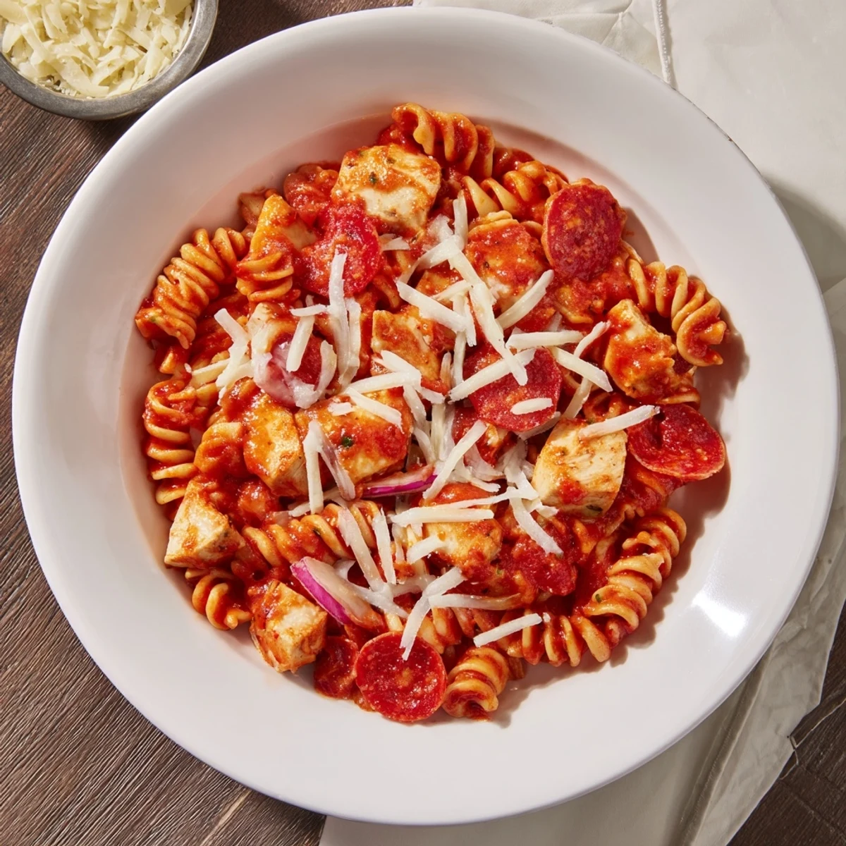 One-Pan Pizza Pasta with melted mozzarella and perfectly cooked rotini, a tasty meal.