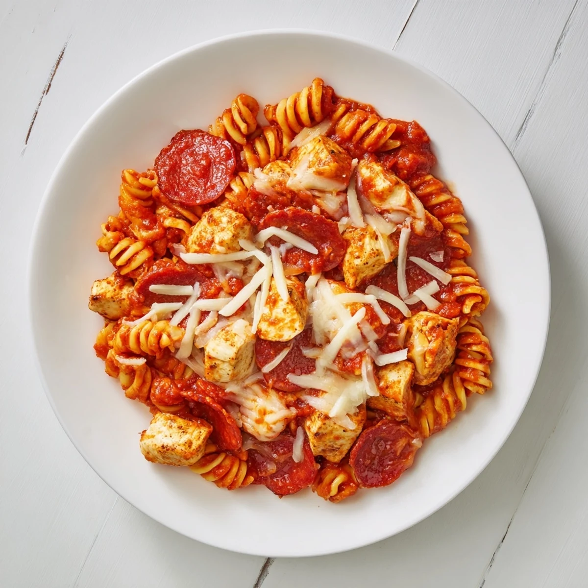 Imagine a close-up of the delicious One-Pan Pizza Pasta, cheesy and full of flavor.