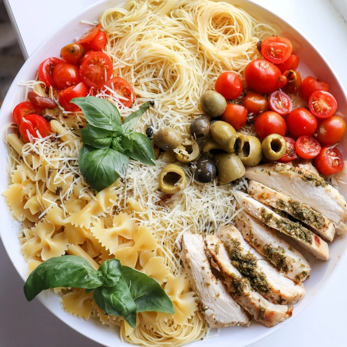 Girl Dinner Pasta Board with tender grilled chicken, three pasta shapes, and vibrant sauces.