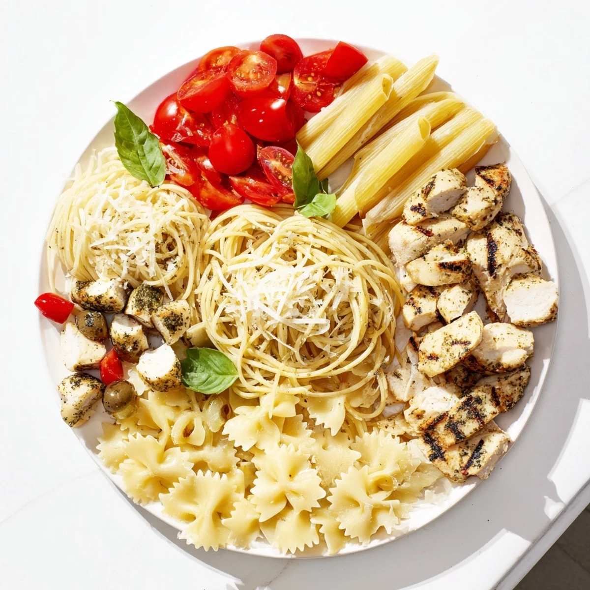 Enjoy this easy Girl Dinner Pasta Board; a visually appealing platter with assorted pasta and fresh basil.