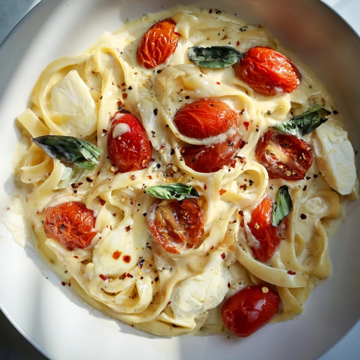 Creamy Baked Brie Pasta Sauce, with gooey melted brie and bursting cherry tomatoes coating fettuccine.