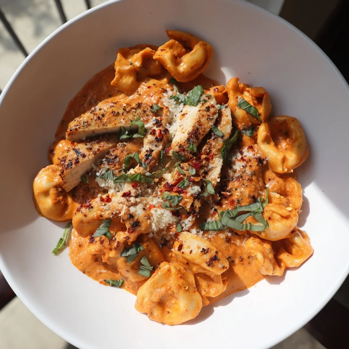 Close-up of golden, sliced chicken nestled in rich sauce with Marry Me Chicken Tortellini.