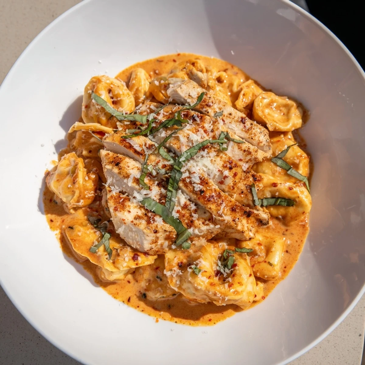 A steaming bowl of creamy Marry Me Chicken Tortellini with sun-dried tomatoes and fresh basil.
