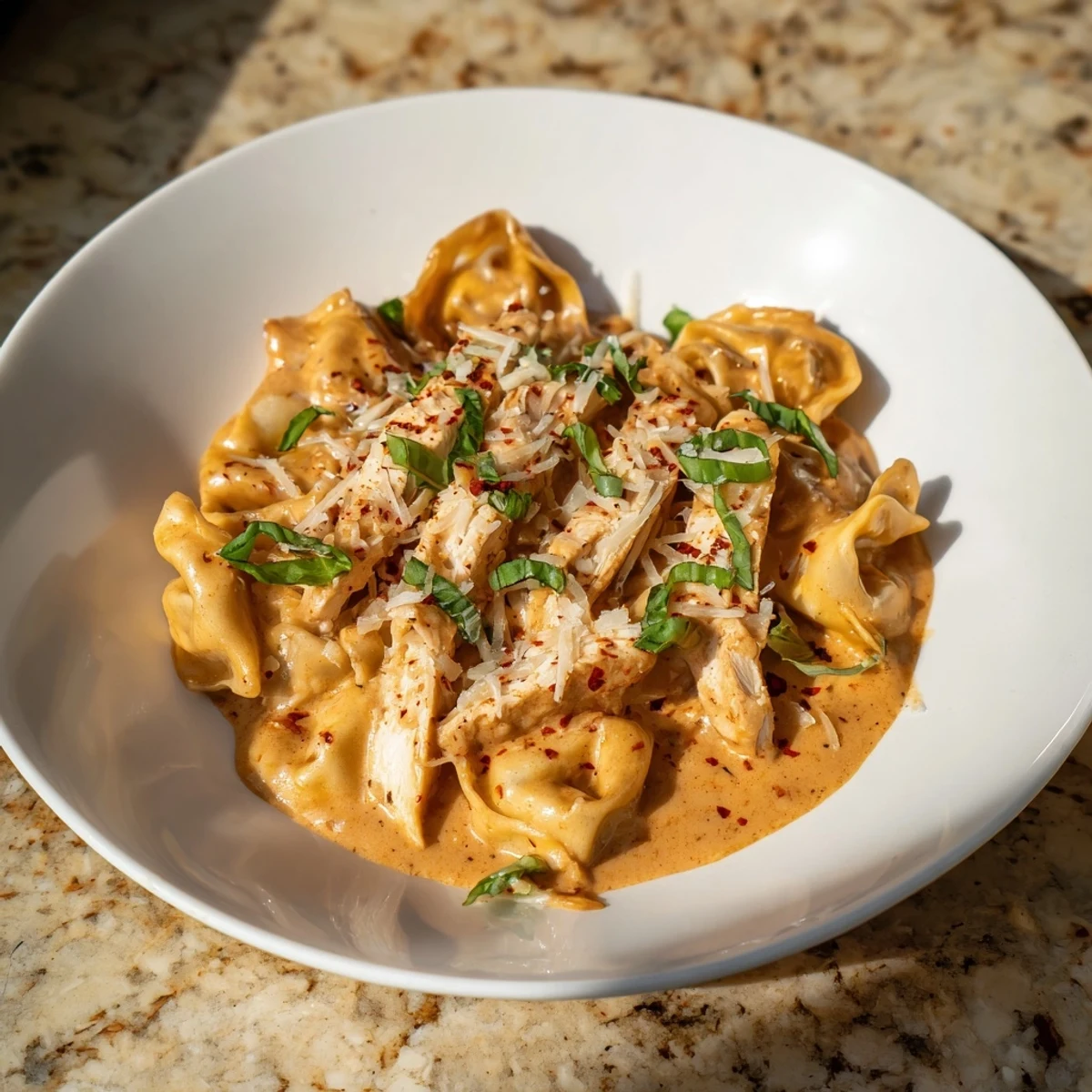 Cheese tortellini coated in a luscious sauce, ready for enjoying this Marry Me Chicken Tortellini.