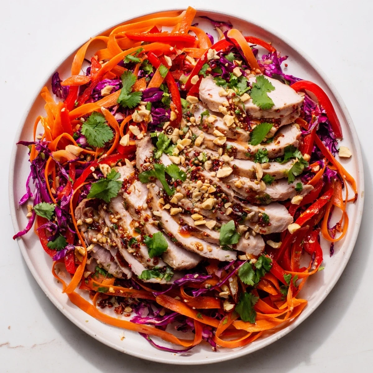A close-up of Carrot Ribbon and Chicken Slaw displays colorful ribbons, tender chicken, and vibrant dressing.