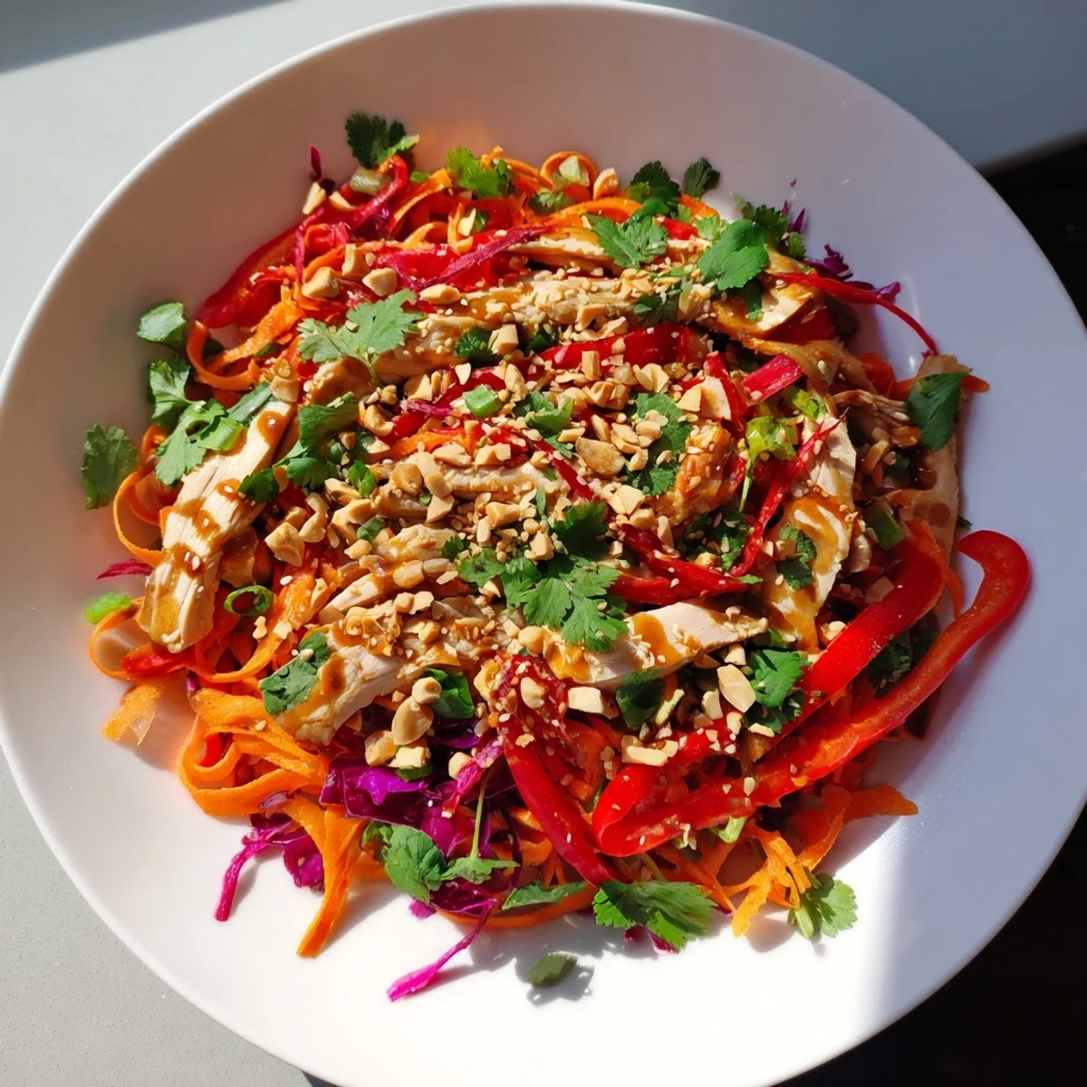 This Carrot Ribbon and Chicken Slaw features tender chicken atop a bed of fresh, crunchy vegetables.