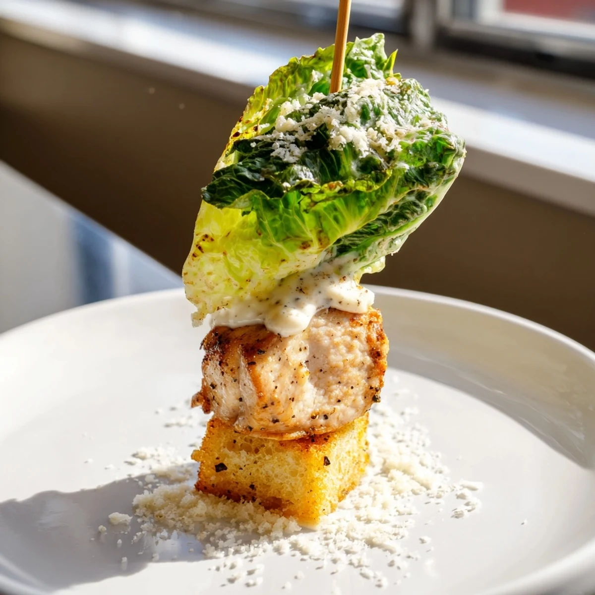 Freshly grilled Chicken Caesar Salad Skewers: tender chicken and crisp romaine, ready to be enjoyed.