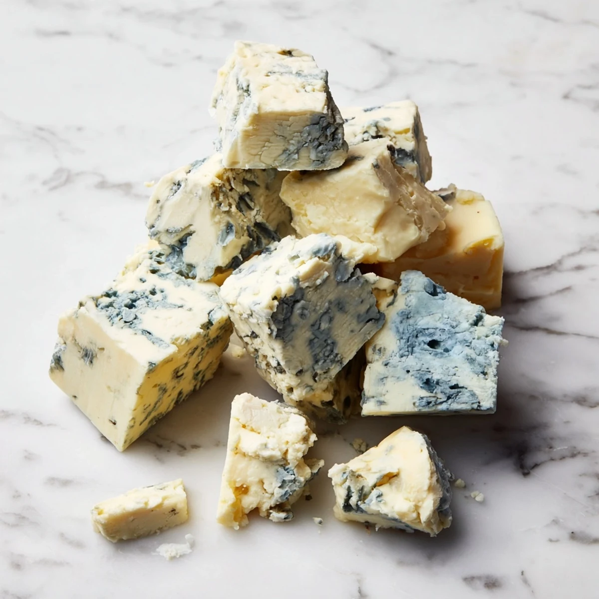 A dramatic presentation of a Marble Quarry cheese board, showcasing blue and white cheddar chunks.