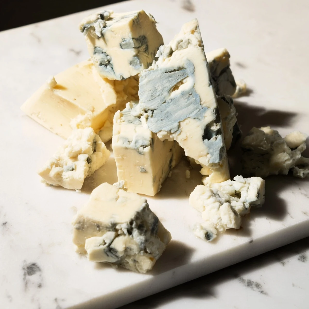 Irregular blue cheese and cheddar chunks create a flavorful Marble Quarry cheese board ready to enjoy.