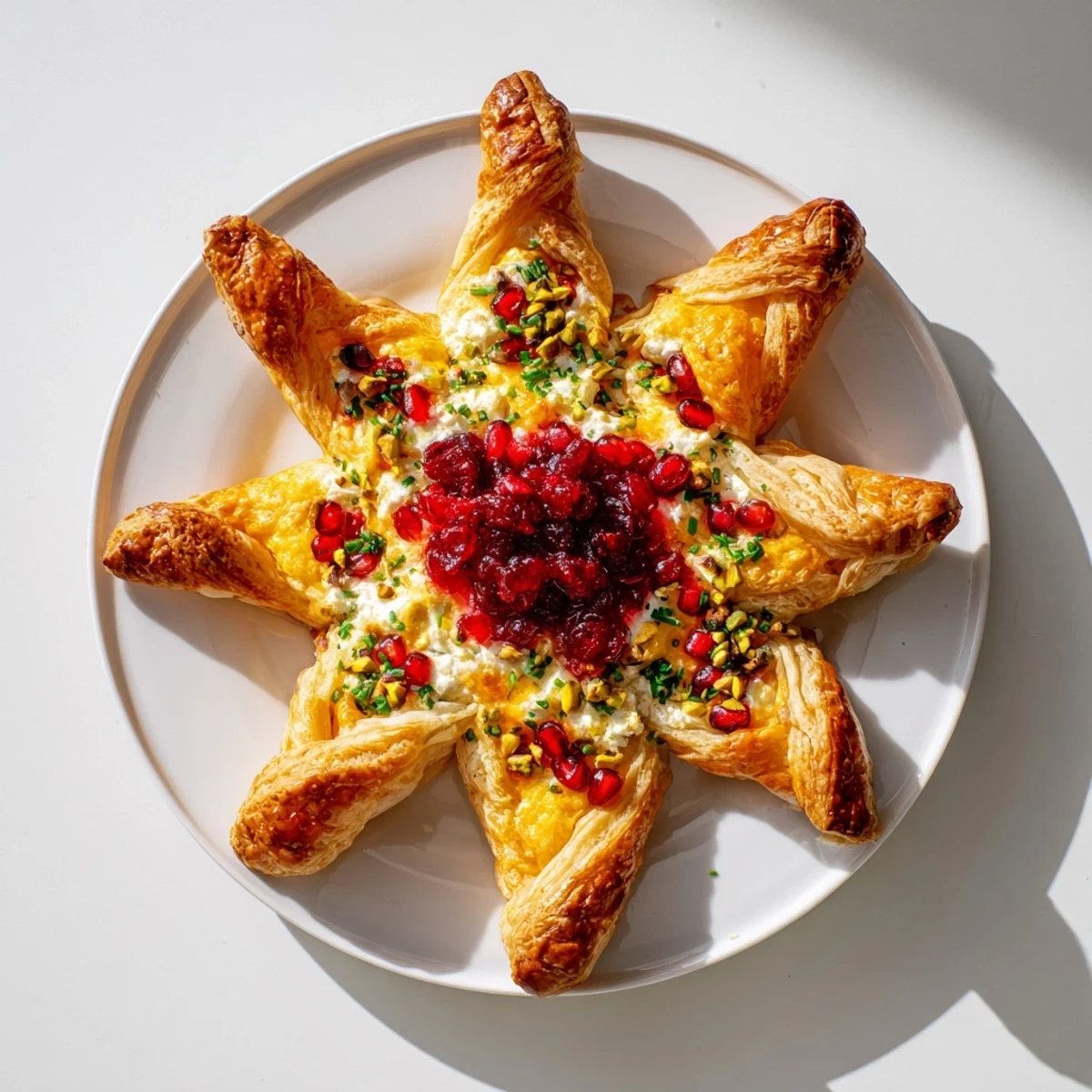 A beautiful Cranberry Christmas Star appetizer, golden and flaky, offering a delicious holiday treat.