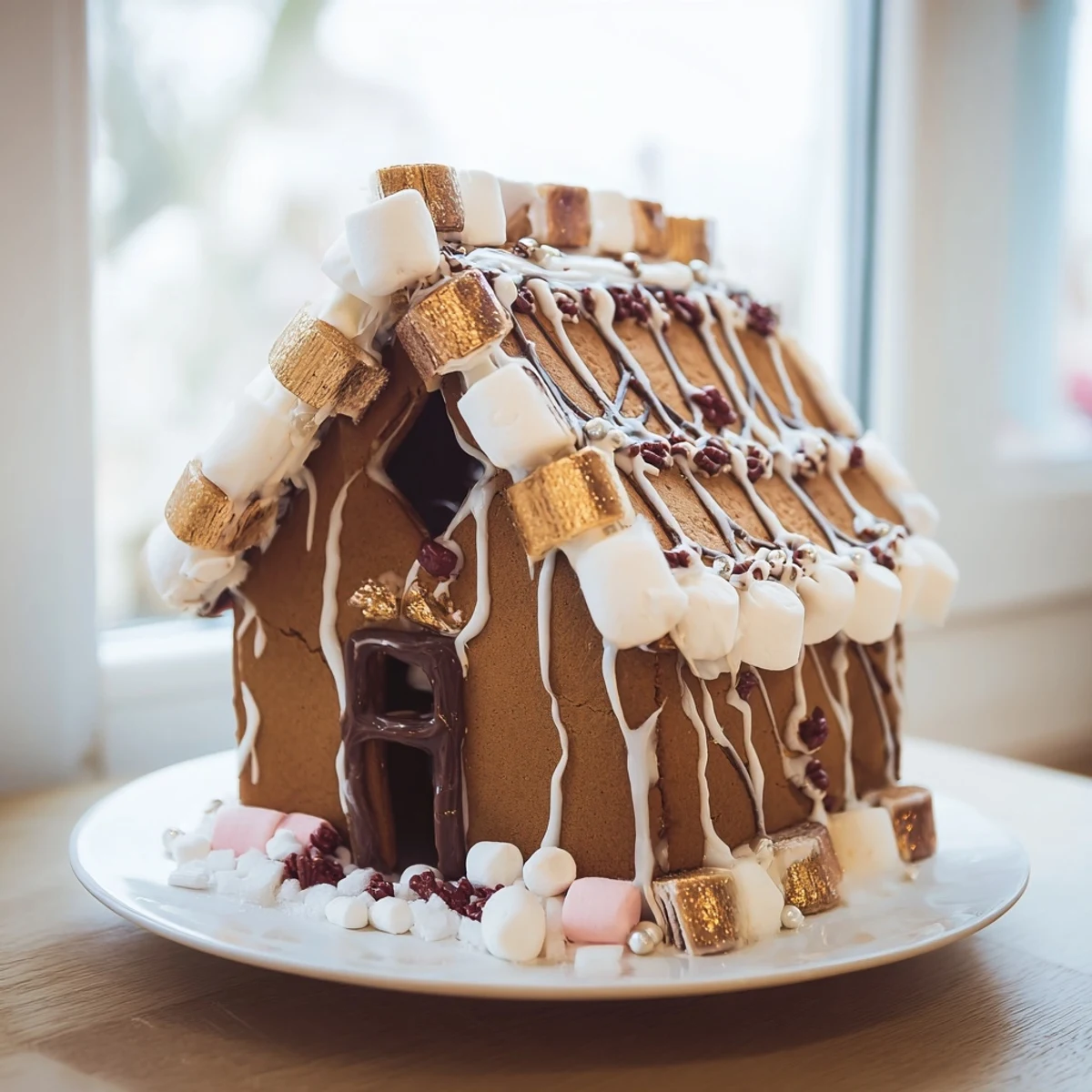 Homemade gingerbread house frame: A tempting dessert display with brown sugar color and holiday embellishments.