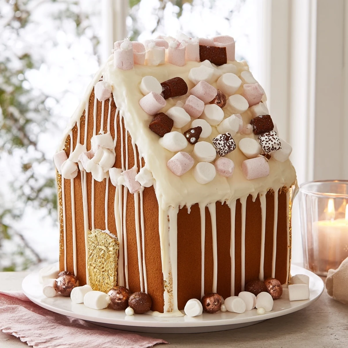 Festive gingerbread house frame filled with treats set against a cozy holiday backdrop.