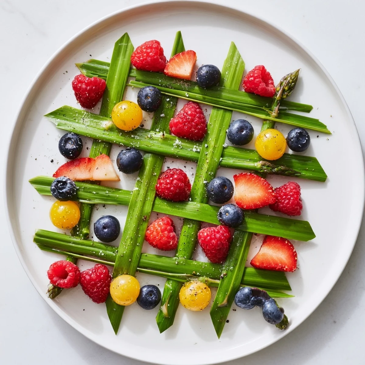 Close-up of the Botanical Lattice appetizer: Fresh fruits peek through the woven asparagus grid.