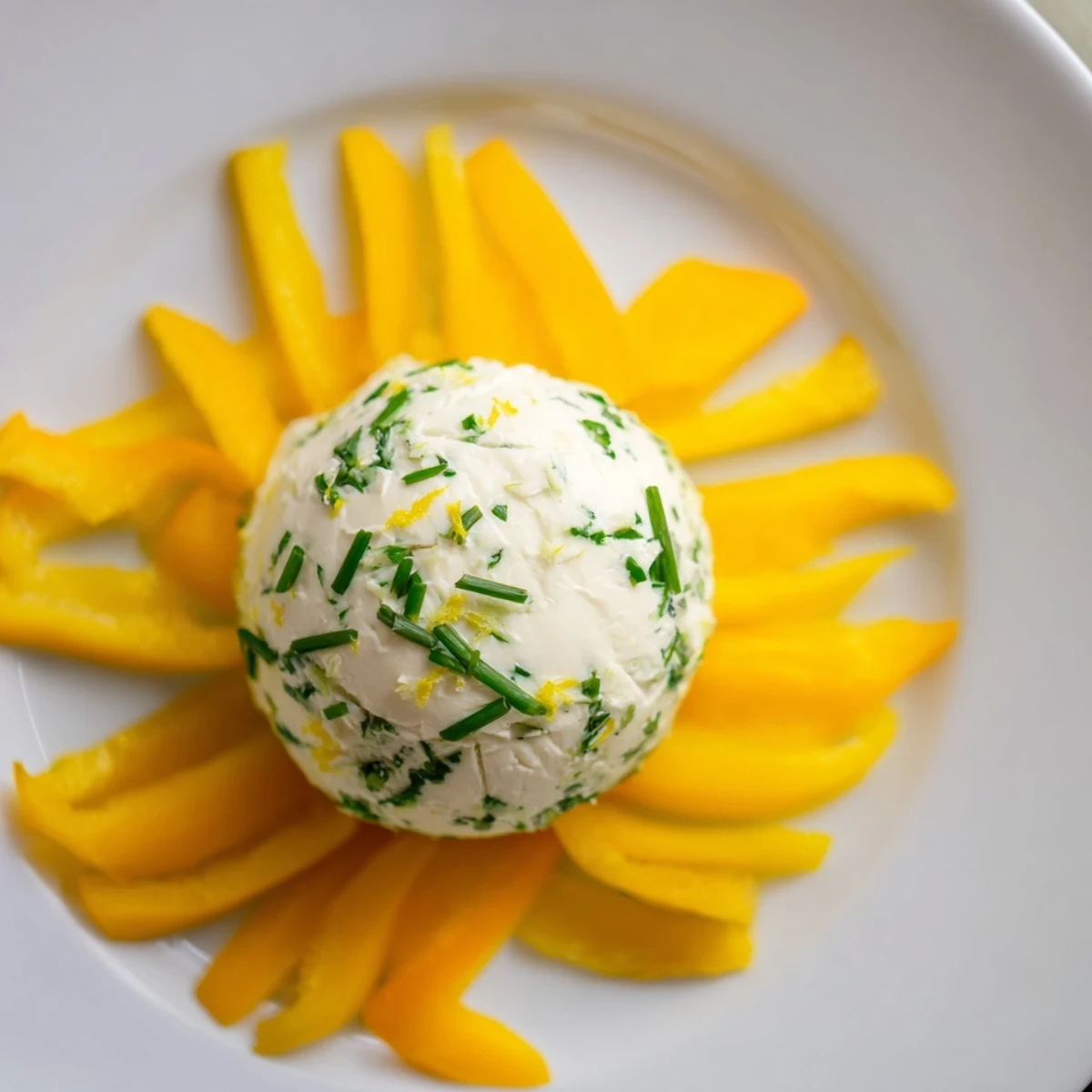 Vibrant Tuscan Sunburst appetizer: yellow bell pepper sunburst with creamy lemon goat cheese and breadsticks.
