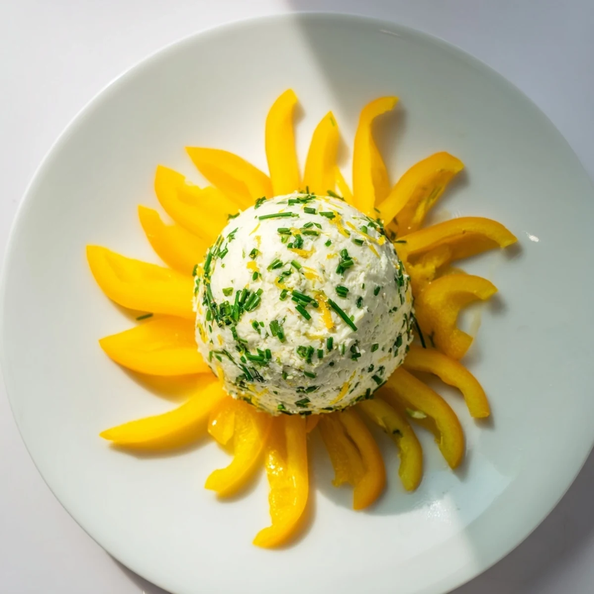 Close-up of a plated Tuscan Sunburst appetizer. The recipe has bright bell peppers and goat cheese with breadsticks.