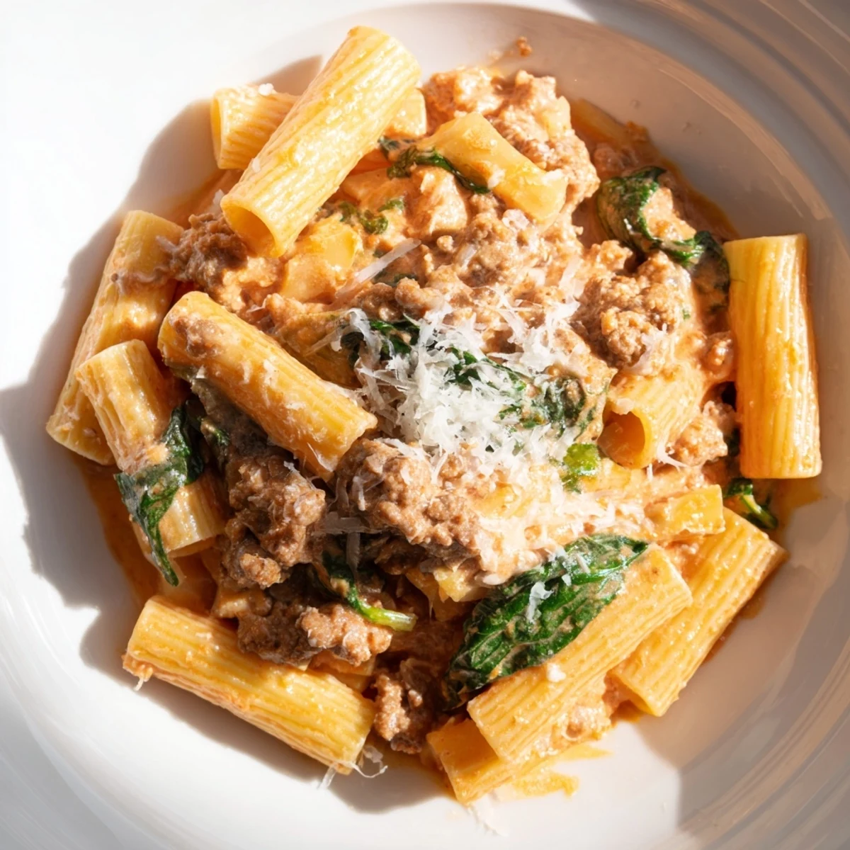 A steaming bowl of one-pot Italian Sausage Tomato Pasta, rich with savory sausage and a creamy sauce.