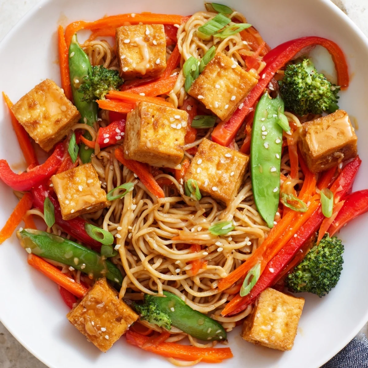 Golden-brown Sesame Ginger Tofu Stir-Fry with colorful vegetables and tossed noodles.