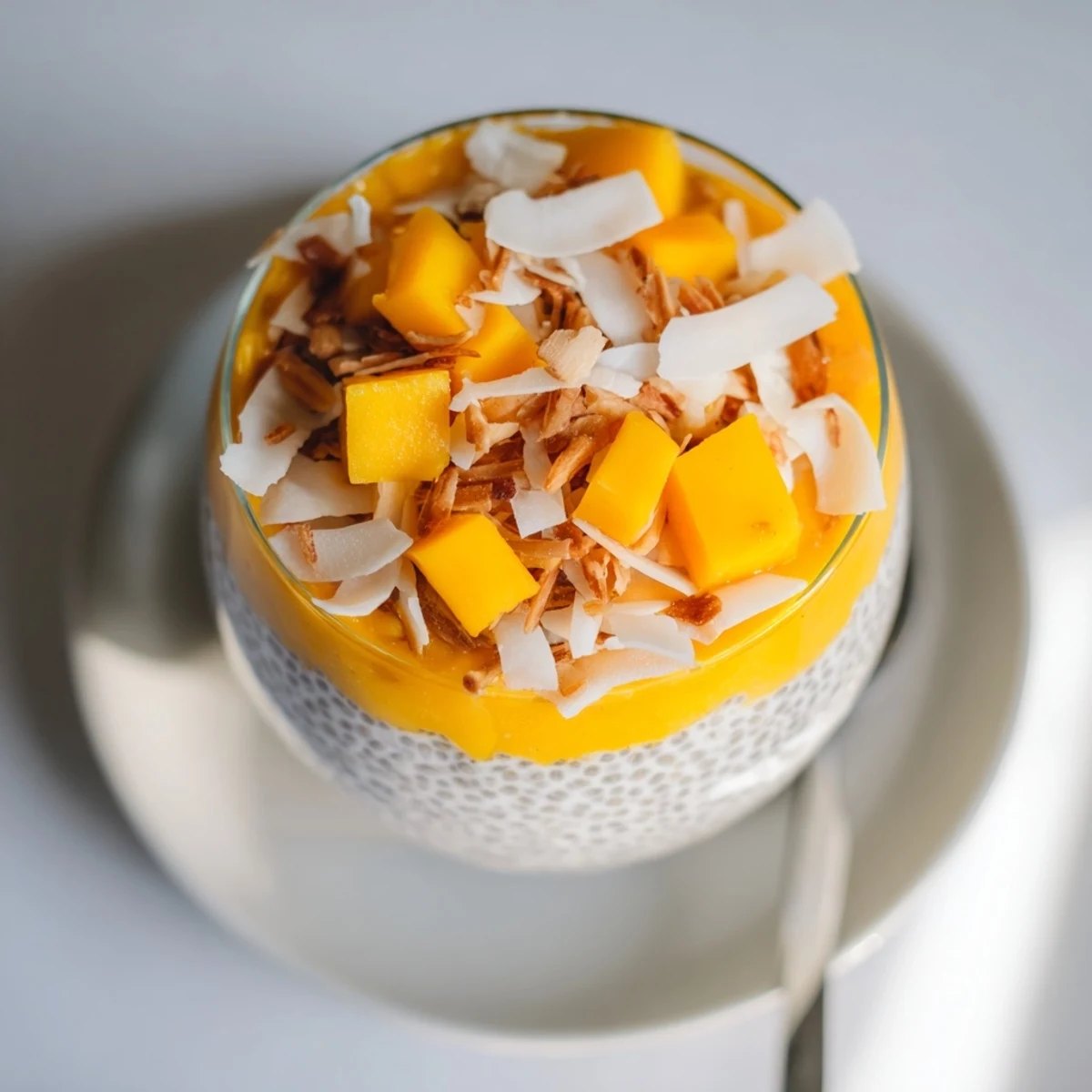 Creamy Mango Coconut Chia Pudding layered with fresh mango, ready to eat with toppings.