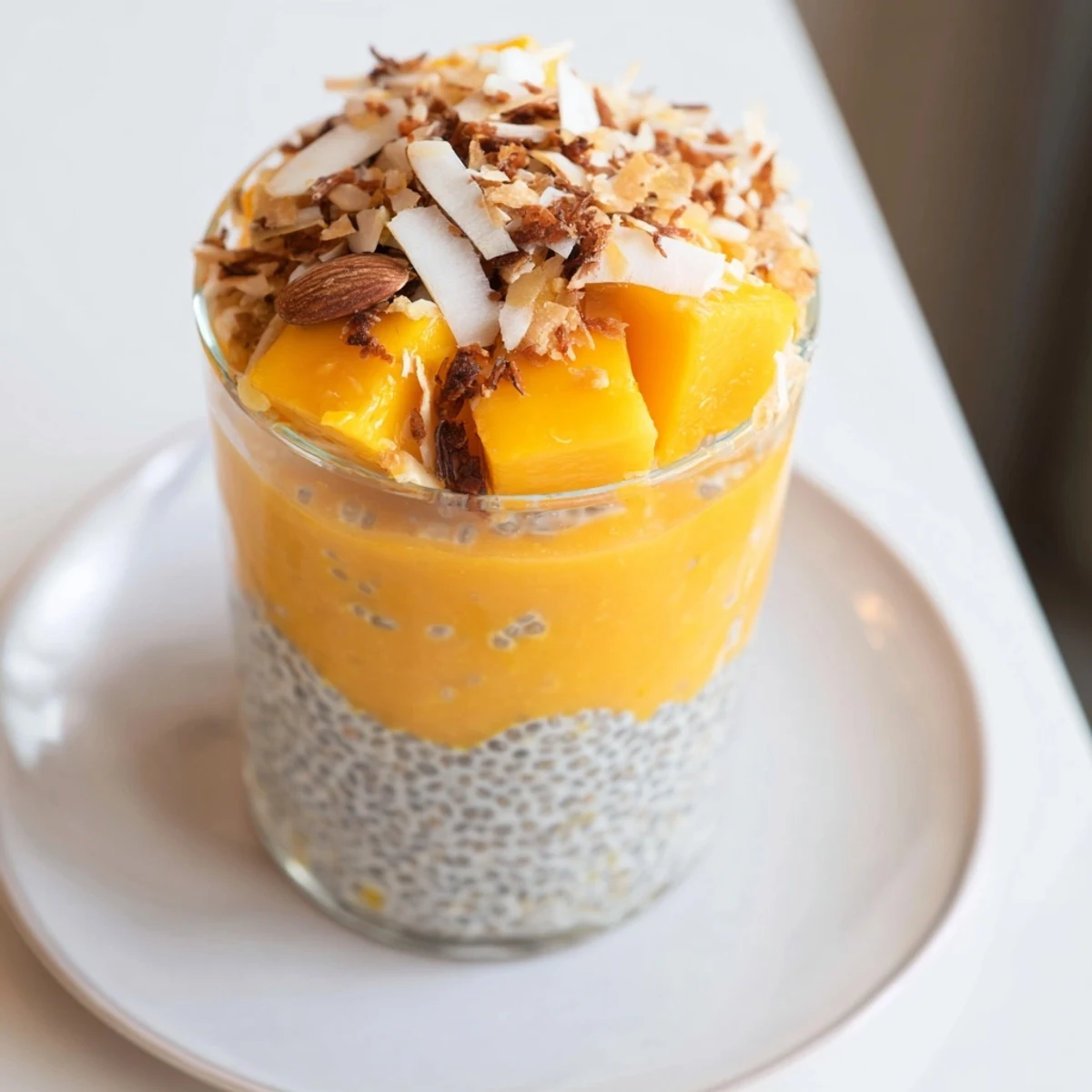 A vibrant bowl of Mango Coconut Chia Pudding, perfect for a refreshing vegan dessert.