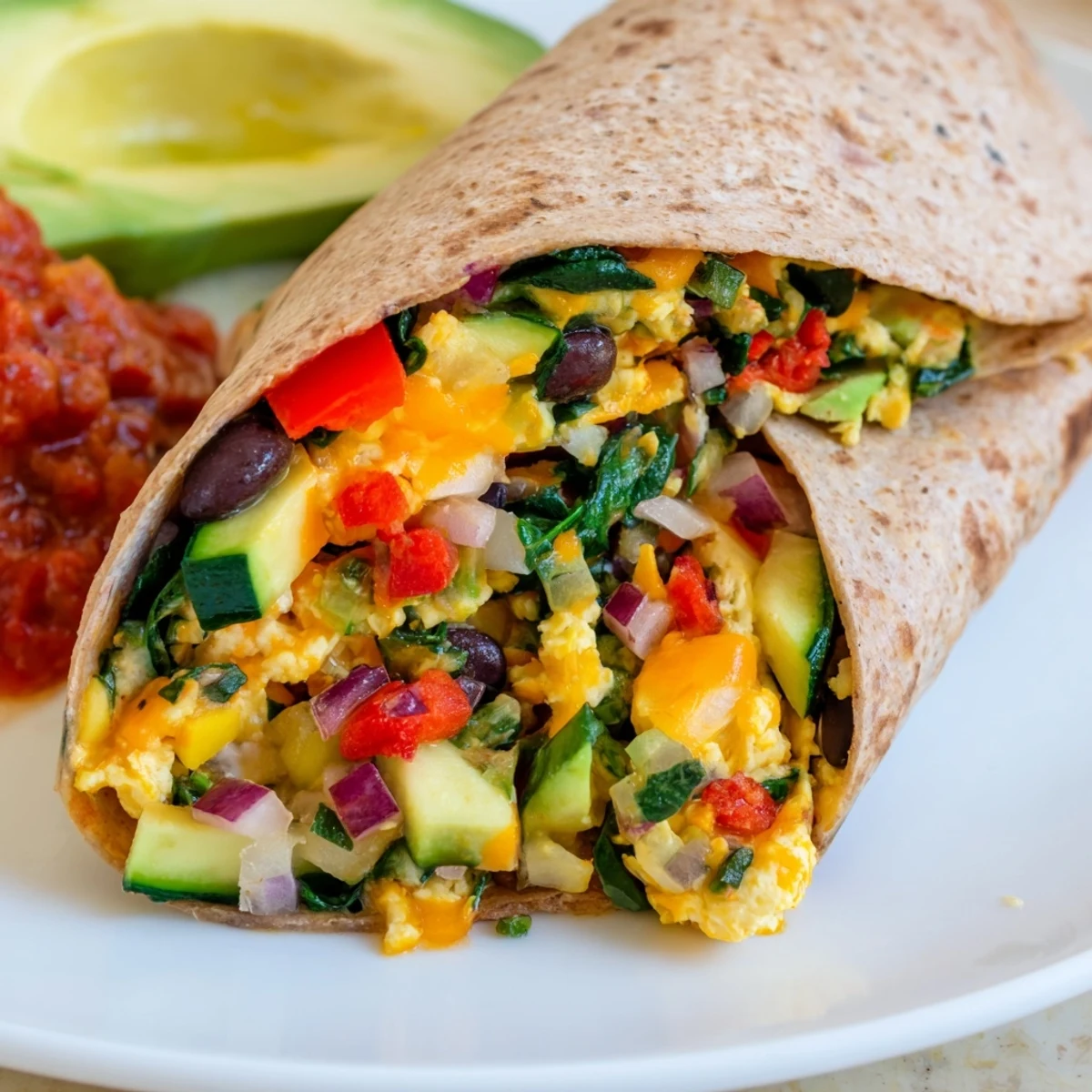 A colorful veggie-loaded breakfast burrito: a warm whole wheat tortilla filled with scrambled eggs.