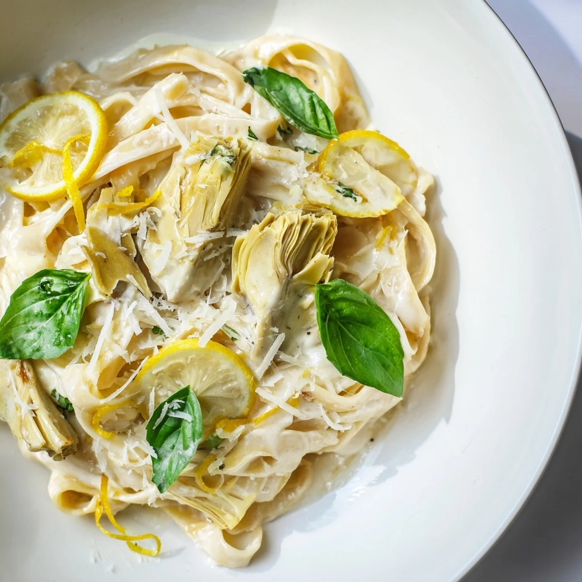 Creamy lemon artichoke pasta, twirled around a fork, boasting bright lemon and creamy sauce.