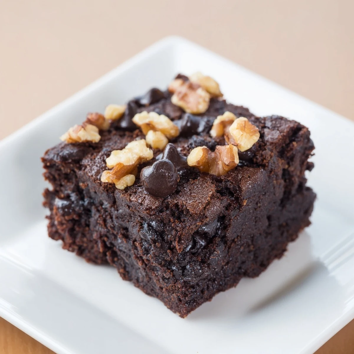 Fudgy black bean brownies, warm and rich, topped with melted chocolate chips for dessert.