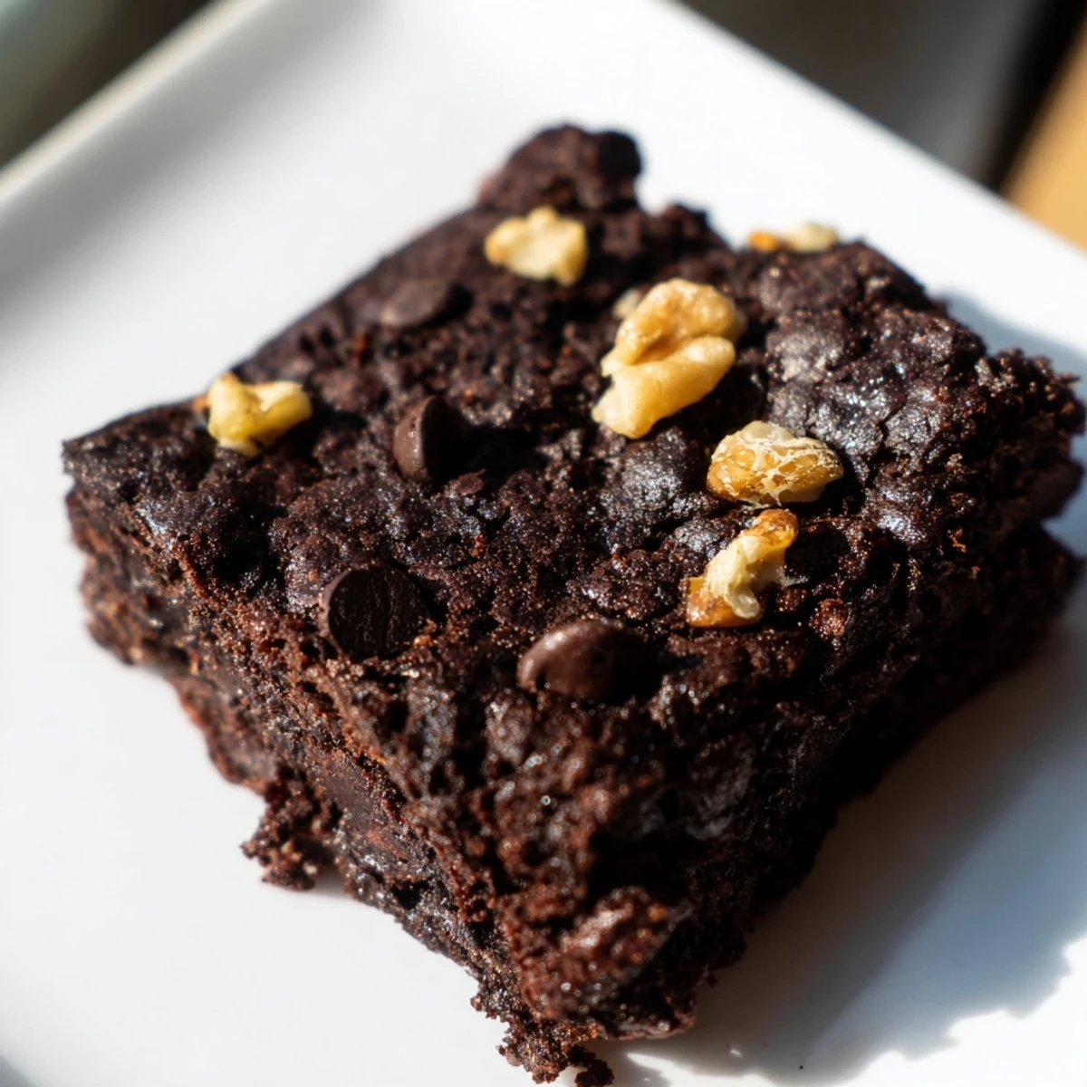 These decadent black bean brownies, perfect for dessert, feature visible chocolate chips and walnuts.