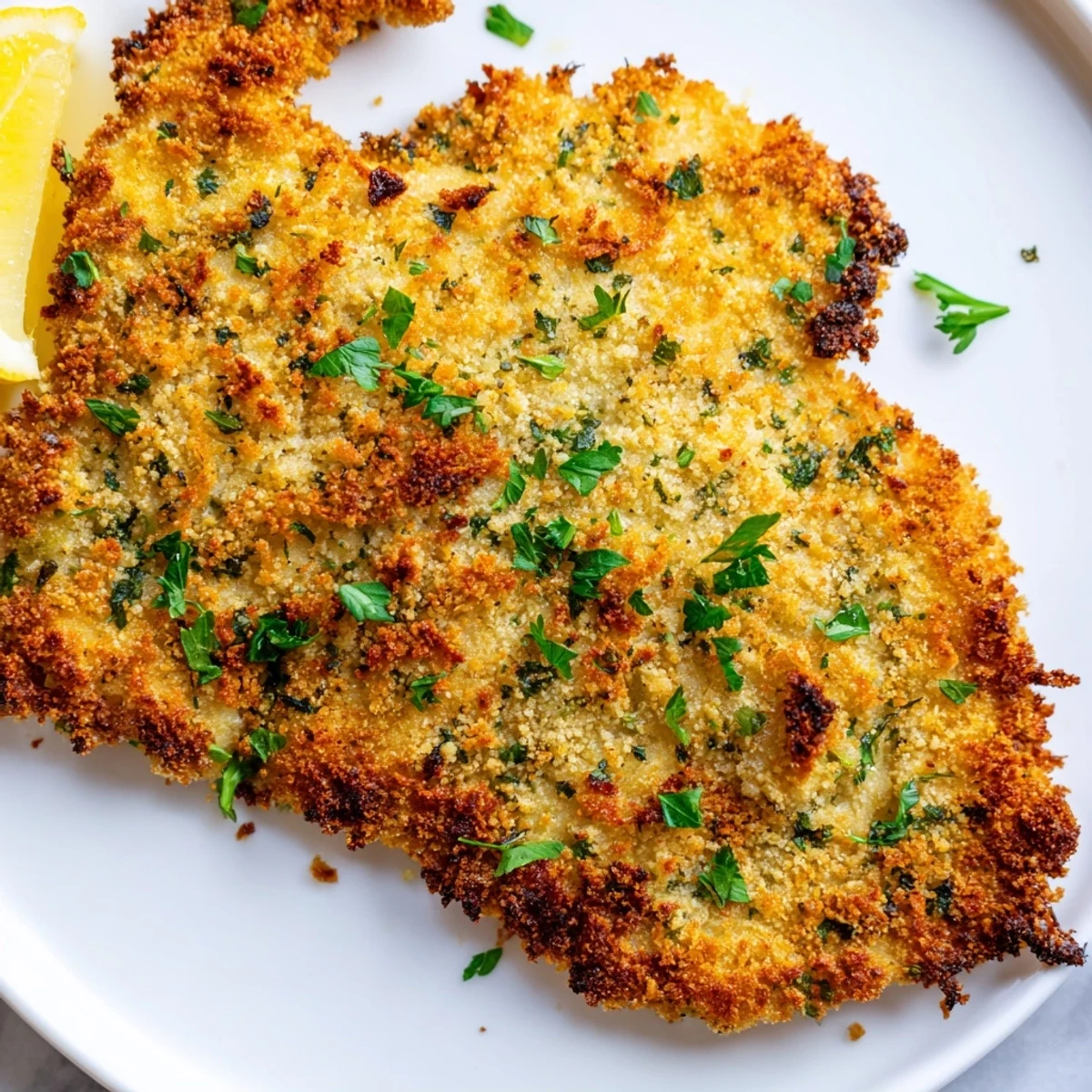 Golden and crisp Crispy Parmesan Chicken Cutlets, served with fresh parsley and lemon wedges.