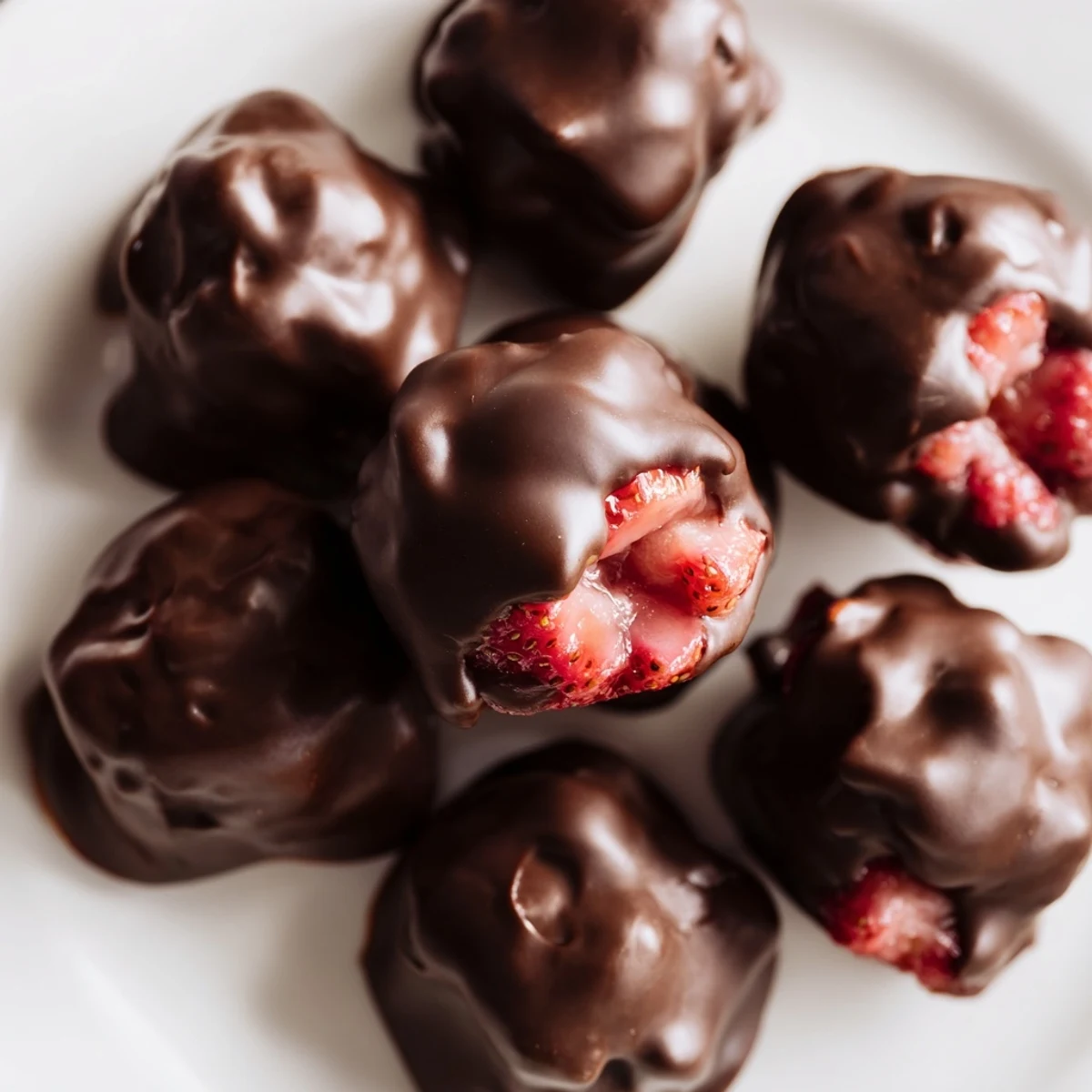 Refreshing, chocolate-dipped Strawberry Yogurt Clusters with vibrant red strawberries are pictured.