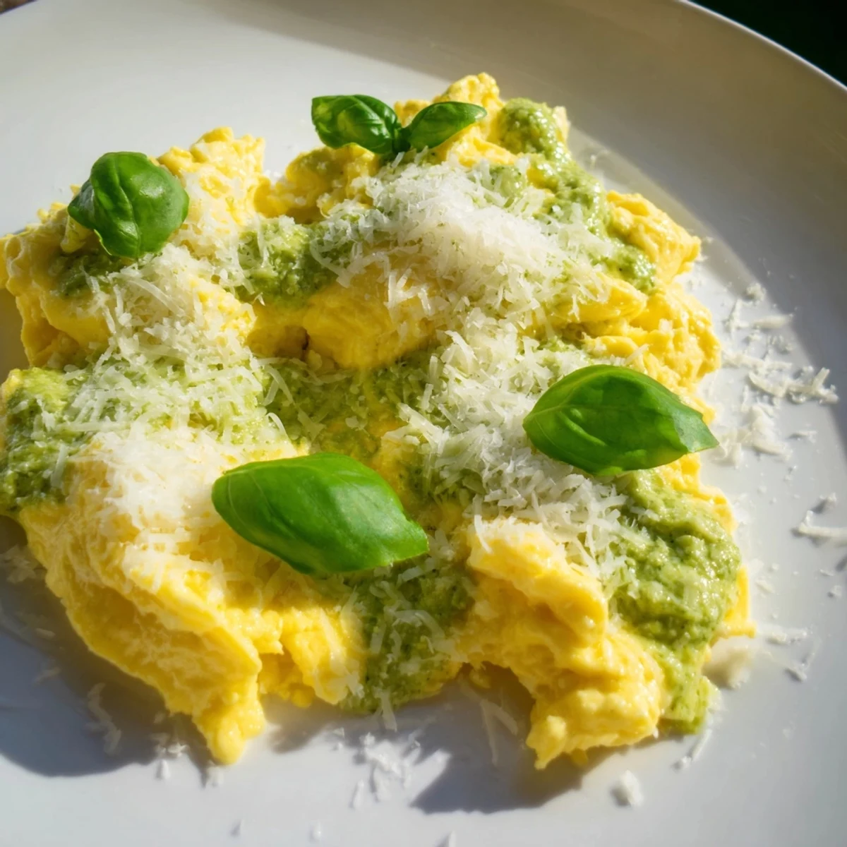 Creamy Pesto Cottage Cheese Eggs, a vibrant breakfast, is topped with fresh basil and Parmesan cheese.