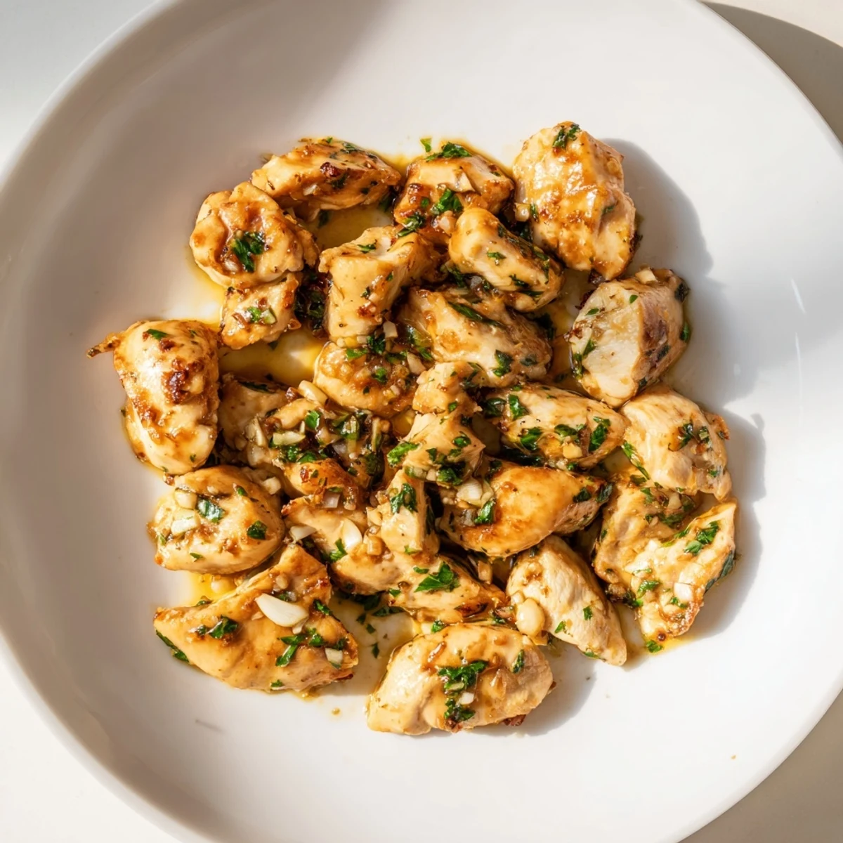 Golden brown Garlic Butter Chicken Bites glistening in a rich, buttery, and garlicky sauce.