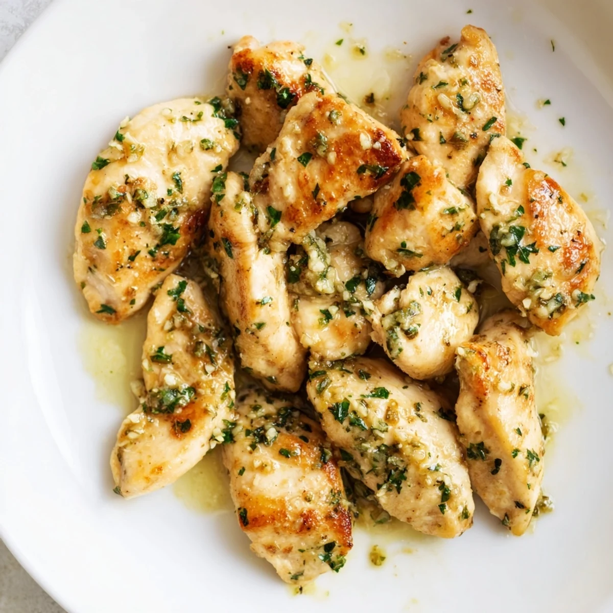Close-up of savory Garlic Butter Chicken Bites, garnished with parsley, ready for a delicious meal.